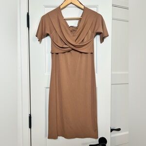 Zara Nude Short Sleeve Bodycon Midi Dress (Large)